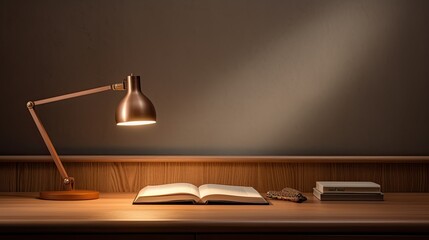 Obraz premium minimalist wooden desk with desk lamp and open journal generative AI