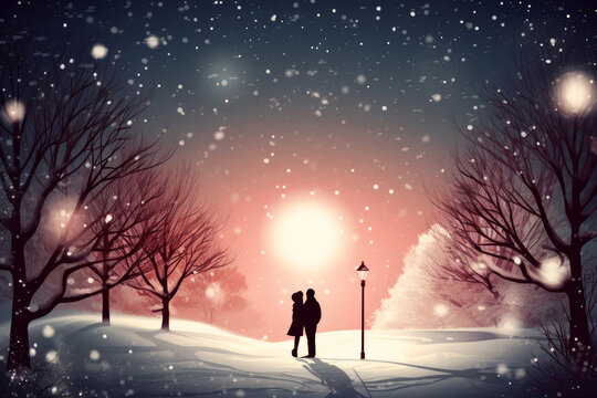 Christmas card with a love couple in winter