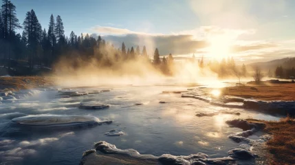 Poster misty serene morning sunrise yellowstone national park geothermal pools hot springs united states america geysers old faithful fumaroles generative AI © Brandon