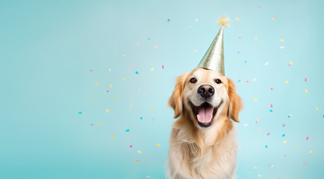 Happy golden retriever dog celebrating at a birthday party