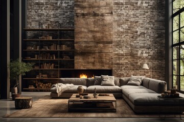 A modern industrial living room with a concrete wall backdrop and a sofa framed in a mock-up. Generative AI.