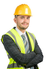 Man in a suit wearing a hi-vis vest & hardhat