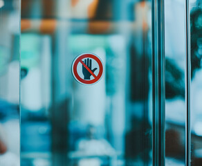 Stop hand warning icon for don't touch sign on glass door in modern public interior - 632637142