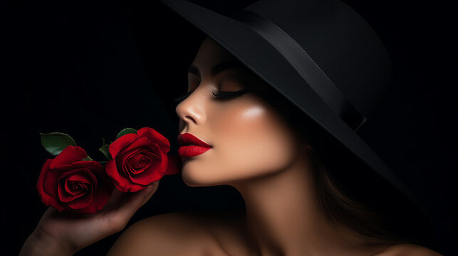 Belo retrato de mulher com chap&eacute;u cobrindo os olhos, l&aacute;bios com batom vermelho e rosa vermelha, vestido preto cl&aacute;ssico com decote profundo