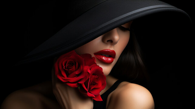 Belo retrato de mulher com chap&eacute;u cobrindo os olhos, l&aacute;bios com batom vermelho e rosa vermelha, vestido preto cl&aacute;ssico com decote profundo