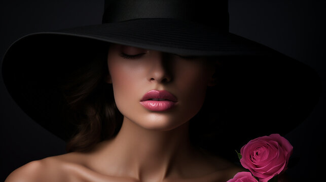 Belo retrato de mulher com chap&eacute;u cobrindo os olhos, l&aacute;bios com batom rosa e rosa cor de rosa, vestido preto cl&aacute;ssico com decote profundo