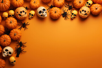 Joyful Halloween flat lay mockup: pumpkins, skulls on orange backdrop. Autumn holiday theme, top view, copy space.