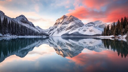 panoramic vista of majestic snow capped mountains reflecting perfectly in a glassy alpine lake at banff national park generative AI
