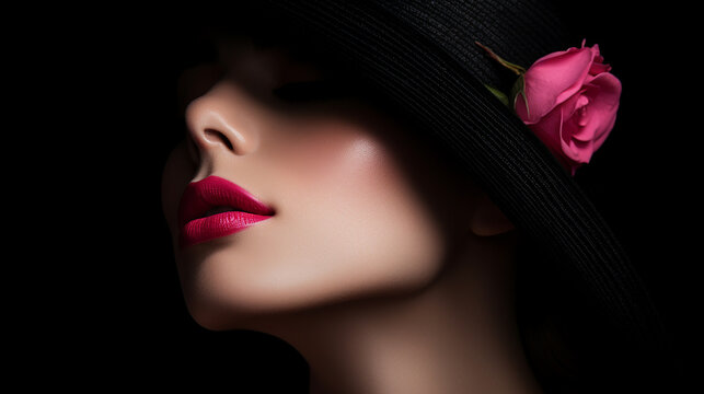 Belo retrato de mulher com chap&eacute;u cobrindo os olhos, l&aacute;bios com batom rosa e rosa cor de rosa, vestido preto cl&aacute;ssico com decote profundo