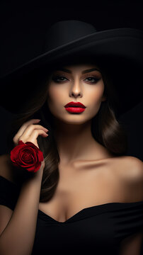 Belo retrato de mulher com chap&eacute;u cobrindo os olhos, l&aacute;bios com batom vermelho e rosa vermelha, vestido preto cl&aacute;ssico com decote profundo