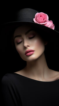 Belo retrato de mulher com chap&eacute;u cobrindo os olhos, l&aacute;bios com batom vermelho e rosa vermelha, vestido preto cl&aacute;ssico com decote profundo