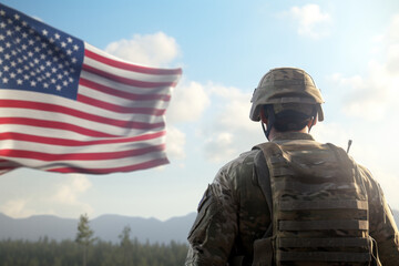 Fototapeta premium US soldier holds flag, gazes into clear weather.