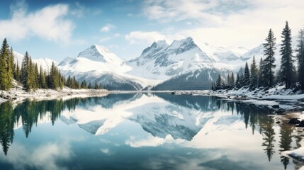 Fototapeta na wymiar panoramic vista of majestic snow capped mountains reflecting perfectly in a glassy alpine lake at banff national park generative AI
