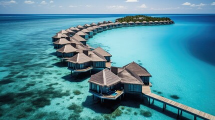 paradise island maldives luxury overwater bungalows crystal clear blue ocean beach chairs aerial droneshot tropical vacation resort generative AI