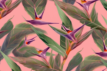 trendy seamless pattern flower orange colorful jungle pink leaf tropical. Generative AI.