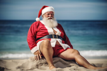 hot santa sitting on sand at the beach on hot australian christmas