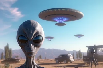Photo sur Plexiglas UFO Enigmatic alien beings before UFO on Earth's surface - a scene of mystery.
