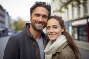 Smiling European couple's city portrait: happy, embracing, exuding cheerful lifestyle vibes.