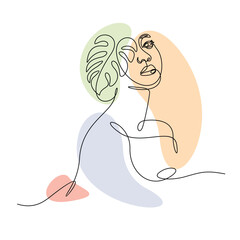 one line art of abstract woman face with monstera leaf, wall decoration vector illustration design.can be used for wall art, print, cover design, poster illustration, card, t-shirt print, etc