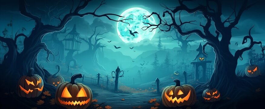 Halloween background with spooky pumpkin lanterns, generative ai