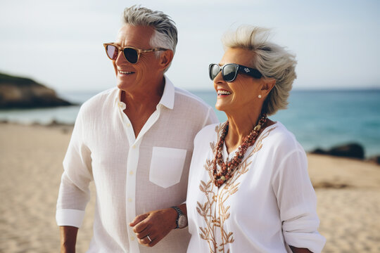 Candid portrait of a fashionable elderly senior couple in love on a romantic beautiful beach walk - golden years, vacation
