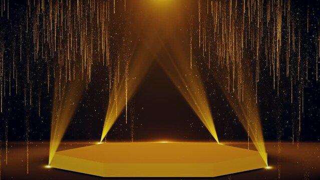 4K 3D Award party stage golden stage glitter animation. stars, lights and particles. Luxury gold light streak. Particle, luxury awards ceremony background, Awards performance. New year Christmas