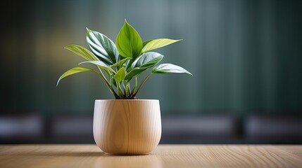 potted green plant on floor beside modern light wood desk generative AI