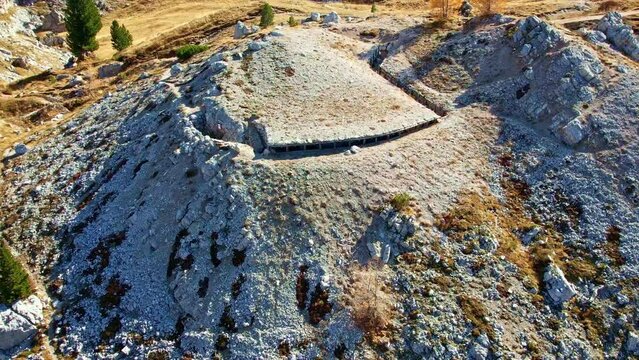 Aerial view of the trenches at Cinque Torri, Cortina d'Ampezzo. Veneto, Italy