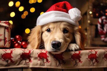 dog sitting in front of a fireplace with Christmas stockings , allow copy space, christmas banner, bright palette