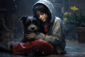 A rainy day, with the girl and the dog taking shelter together 