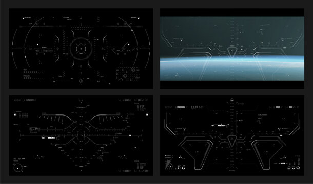 Sleek FUI design overlay for 16:9 resolution, collection of HUD, UI, GUI interface design elements vector. modern sci fi cockpit heads up display design