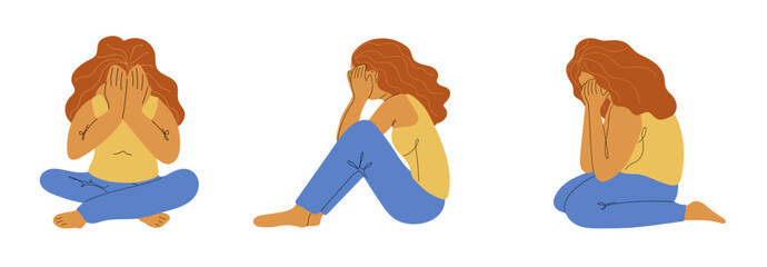 Young woman, girl, suffering from psychological diseases, anxiety,  sitting and crying. Headache, depression, anxiety concept. Mental health. Vector illustration.