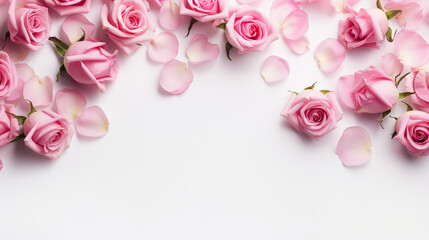 Decorative web banner. Close up of blooming pink roses flowers and petals isolated on white table background. Floral frame composition. Empty space, flat lay, top view