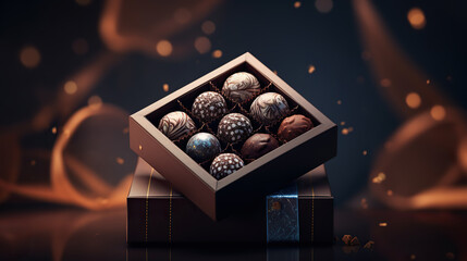 Chocolates and chocolate pralines in a gift box as a luxury holiday present, generative ai - obrazy, fototapety, plakaty