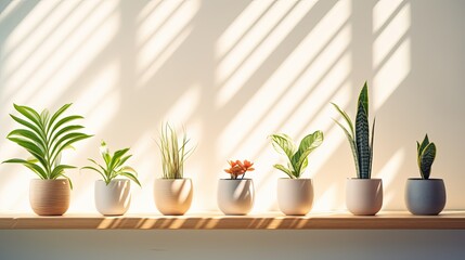 row of houseplants on sunny wall generative AI