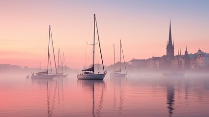 sailboats floating still foggy dawn stockholm sweden harbor waterfront architecture buildings faded hazy generative AI