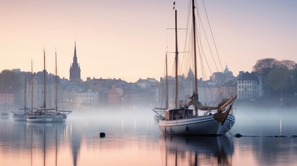sailboats floating still foggy dawn stockholm sweden harbor waterfront architecture buildings hazy generative AI
