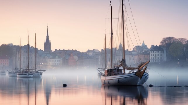 sailboats floating still foggy dawn stockholm sweden harbor waterfront architecture buildings hazy generative AI
