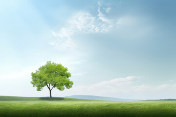 Fototapeta na wymiar Green tree on green meadow with blue sky and white clouds background
