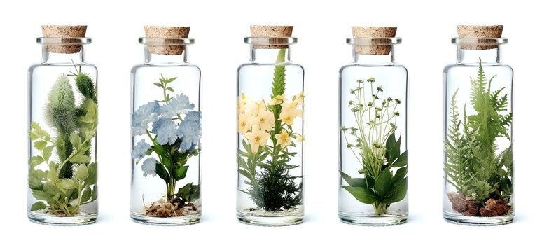 Flowers and herbs collection in glass bottles, generative ai