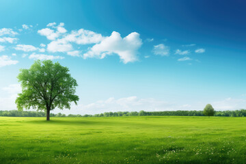 Fototapeta na wymiar Green meadow and tree on a background of blue sky with clouds
