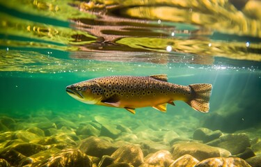 Naklejka premium Fish swims underwater, close-up, clear river or lake water with fish, perfect fishing spot, generative ai