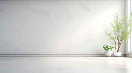 Empty white room with plants in front of window, white tile and marble wall, in the style of minimalist backgrounds,  empty space for text