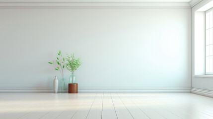 Empty white room with plants, in the style of minimalist backgrounds,  empty space for text