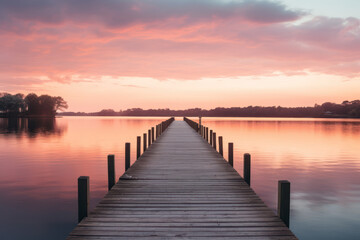 Fototapeta na wymiar pier jetty golden hour sunset on lake, trees in background landscape