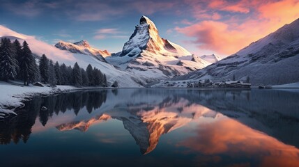 snowcapped matterhorn peak mirrored still reflection lake zermatt switzerland generative AI