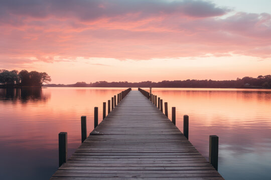 pier jetty golden hour sunset on lake, trees in background landscape