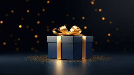 Blue Gift box on a table. Elegant dark blue present box with golden bow on a black background, copy space. Background for greeting card for Birthday, Fathers Day, Christmas. Generative ai illustration