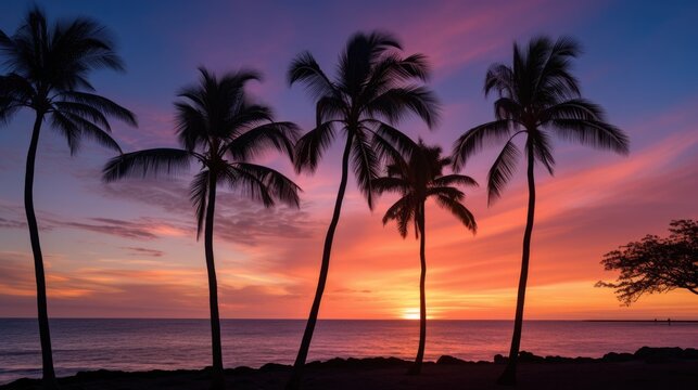 sunrise tropical beach palms pointing sky maui hawaii wide scenic vista generative AI