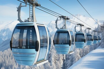A group of gondola lift cars on a snowy mountain. AI.